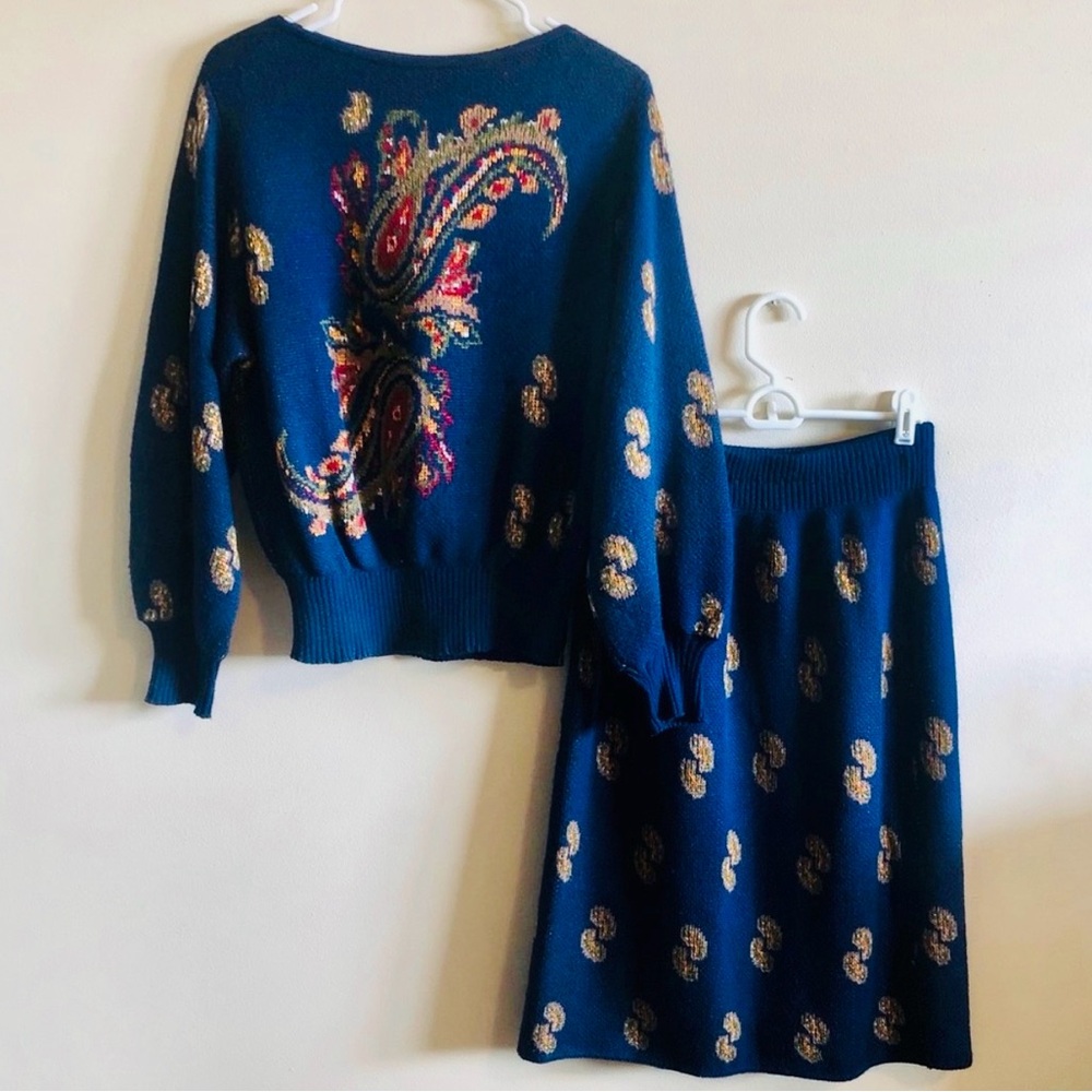 Vintage Blue Paisley Sweater/Skirt Set Grandma Core